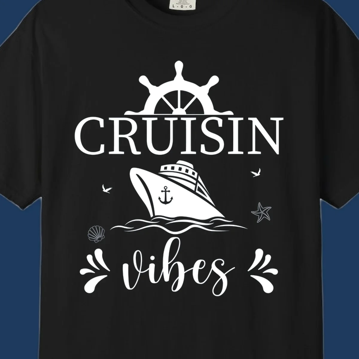 Cruisin vibes nautical design with ship wheel, cruise ship, anchor, and ocean elements on gray background