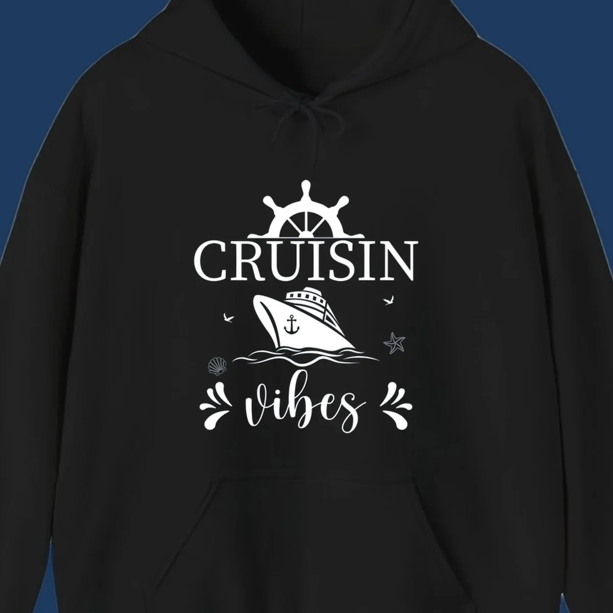 Cruisin vibes nautical design with ship wheel, cruise ship, anchor, and ocean elements on gray background