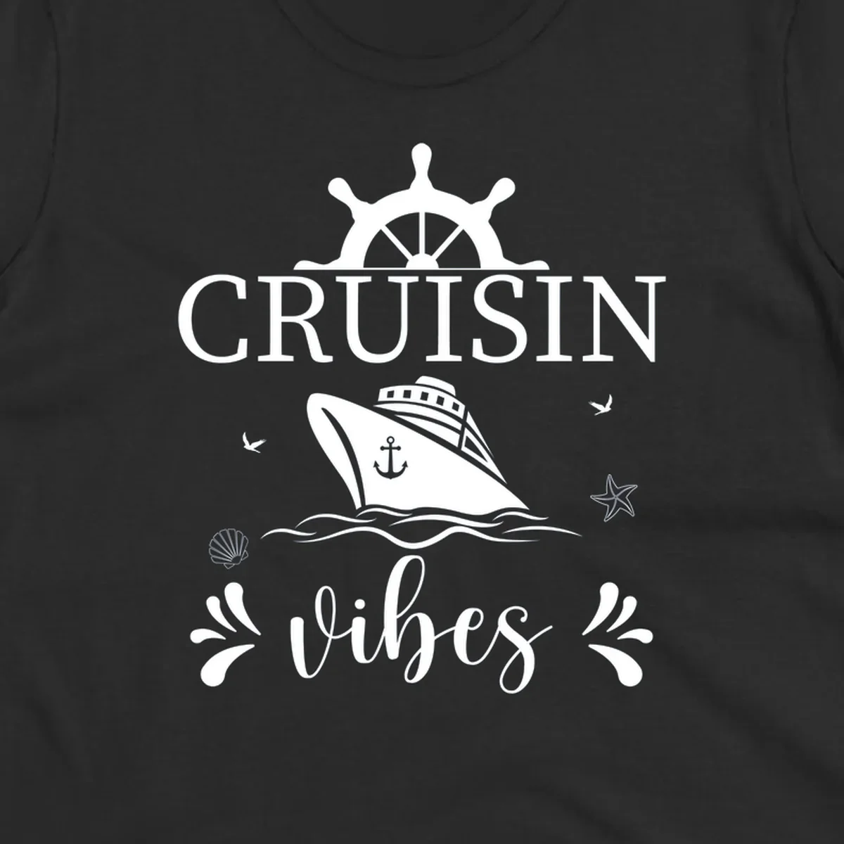 Cruisin vibes nautical design with ship wheel, cruise ship, anchor, and ocean elements on gray background