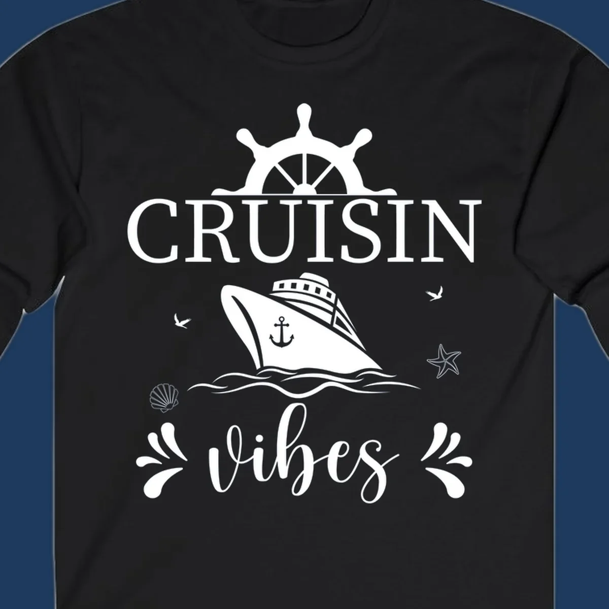 Cruisin vibes nautical design with ship wheel, cruise ship, anchor, and ocean elements on gray background