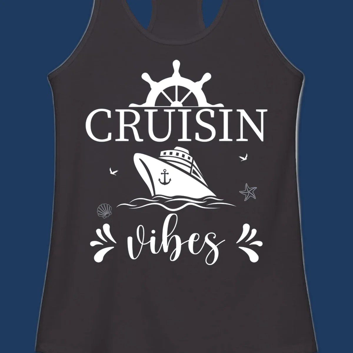 Cruisin vibes nautical design with ship wheel, cruise ship, anchor, and ocean elements on gray background