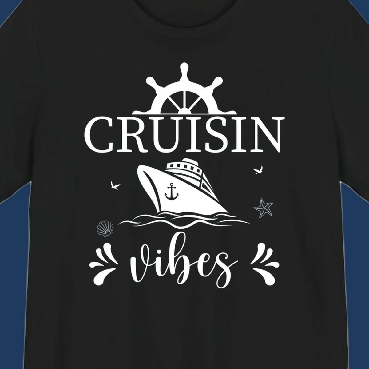 Cruisin vibes nautical design with ship wheel, cruise ship, anchor, and ocean elements on gray background