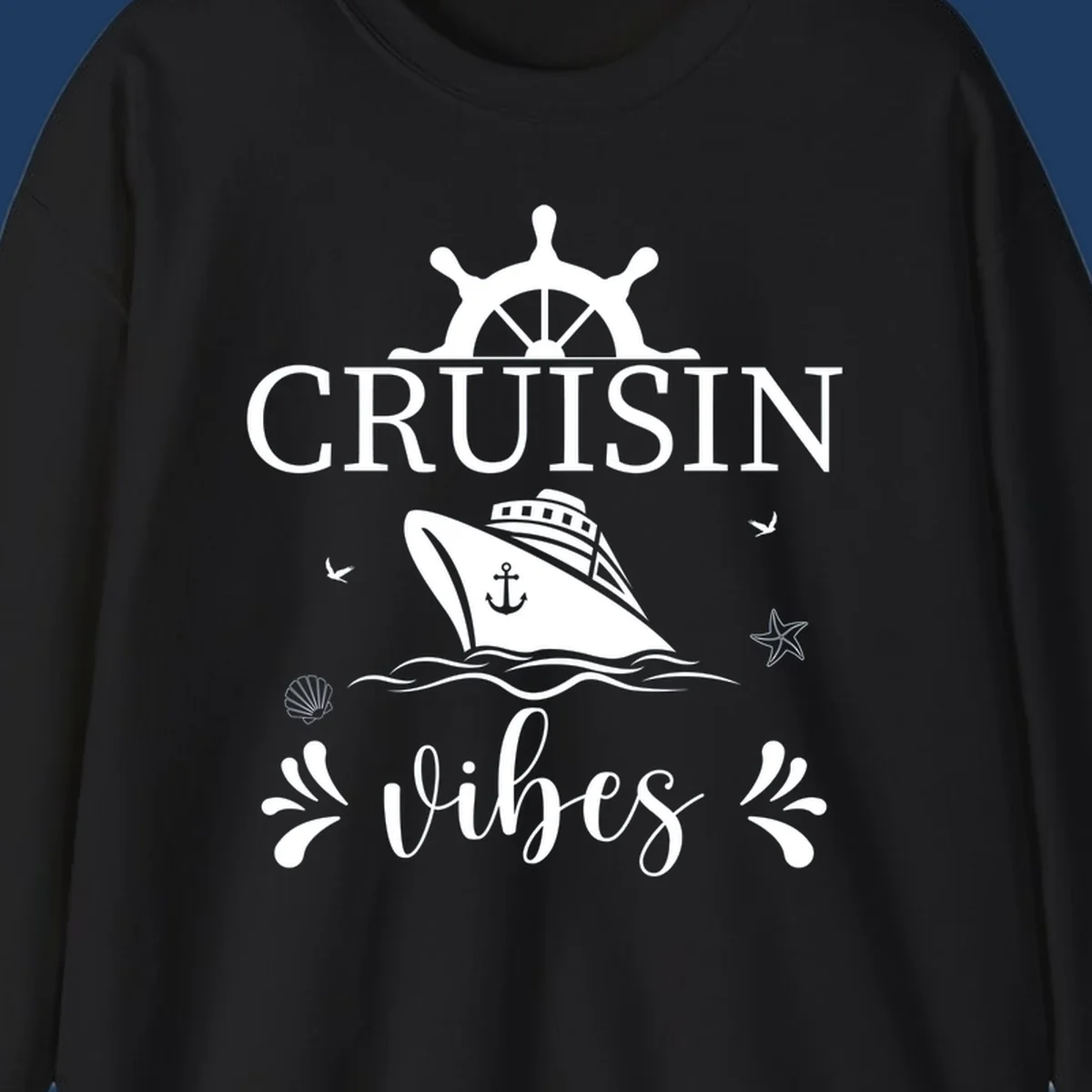 Cruisin vibes nautical design with ship wheel, cruise ship, anchor, and ocean elements on gray background