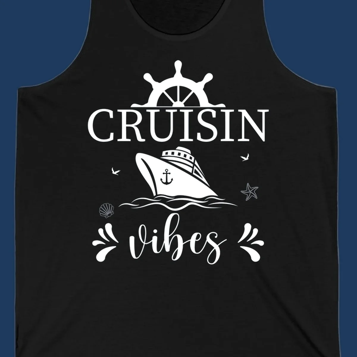 Cruisin vibes nautical design with ship wheel, cruise ship, anchor, and ocean elements on gray background