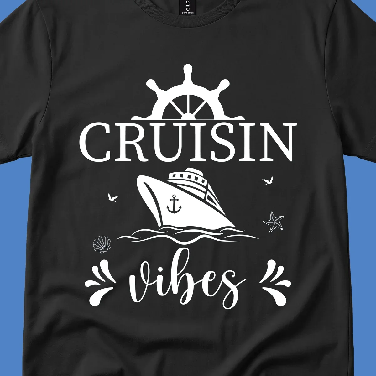 Cruisin vibes nautical design with ship wheel, cruise ship, anchor, and ocean elements on gray background