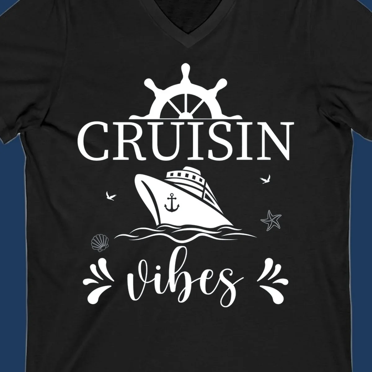 Cruisin vibes nautical design with ship wheel, cruise ship, anchor, and ocean elements on gray background