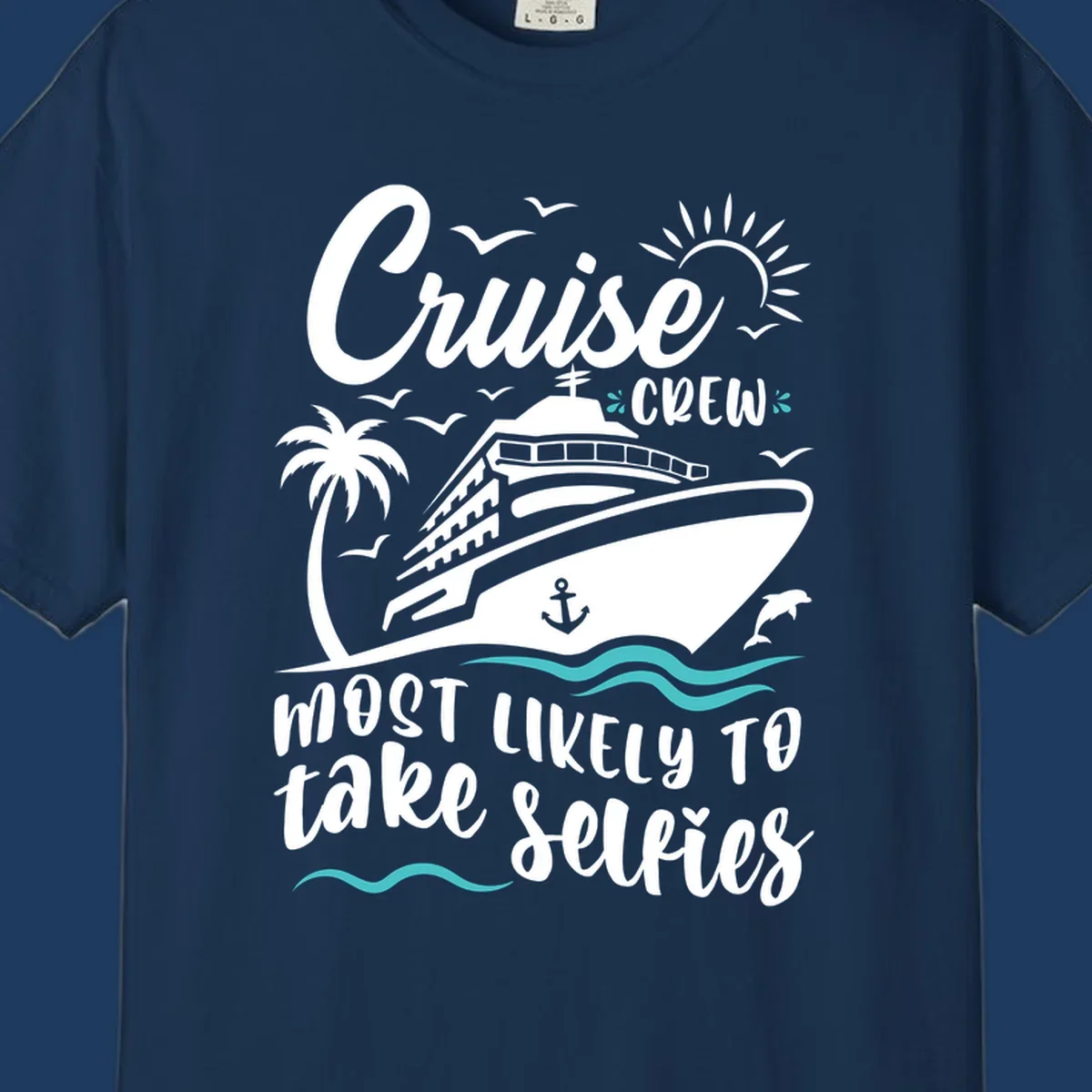 Cruise crew selfies design with illustrated ship, palm tree, sun, waves, and playful text on gray background