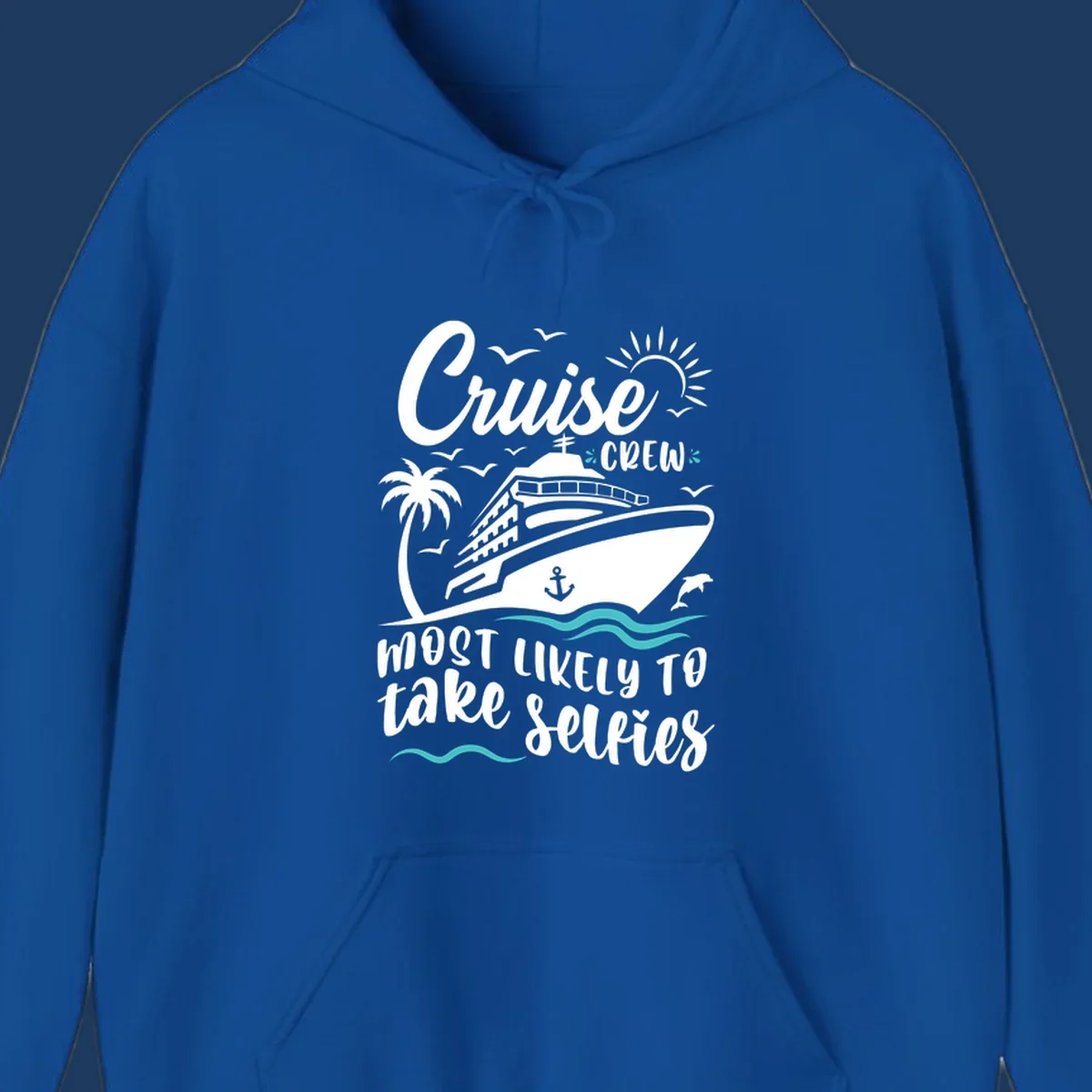 Cruise crew selfies design with illustrated ship, palm tree, sun, waves, and playful text on gray background