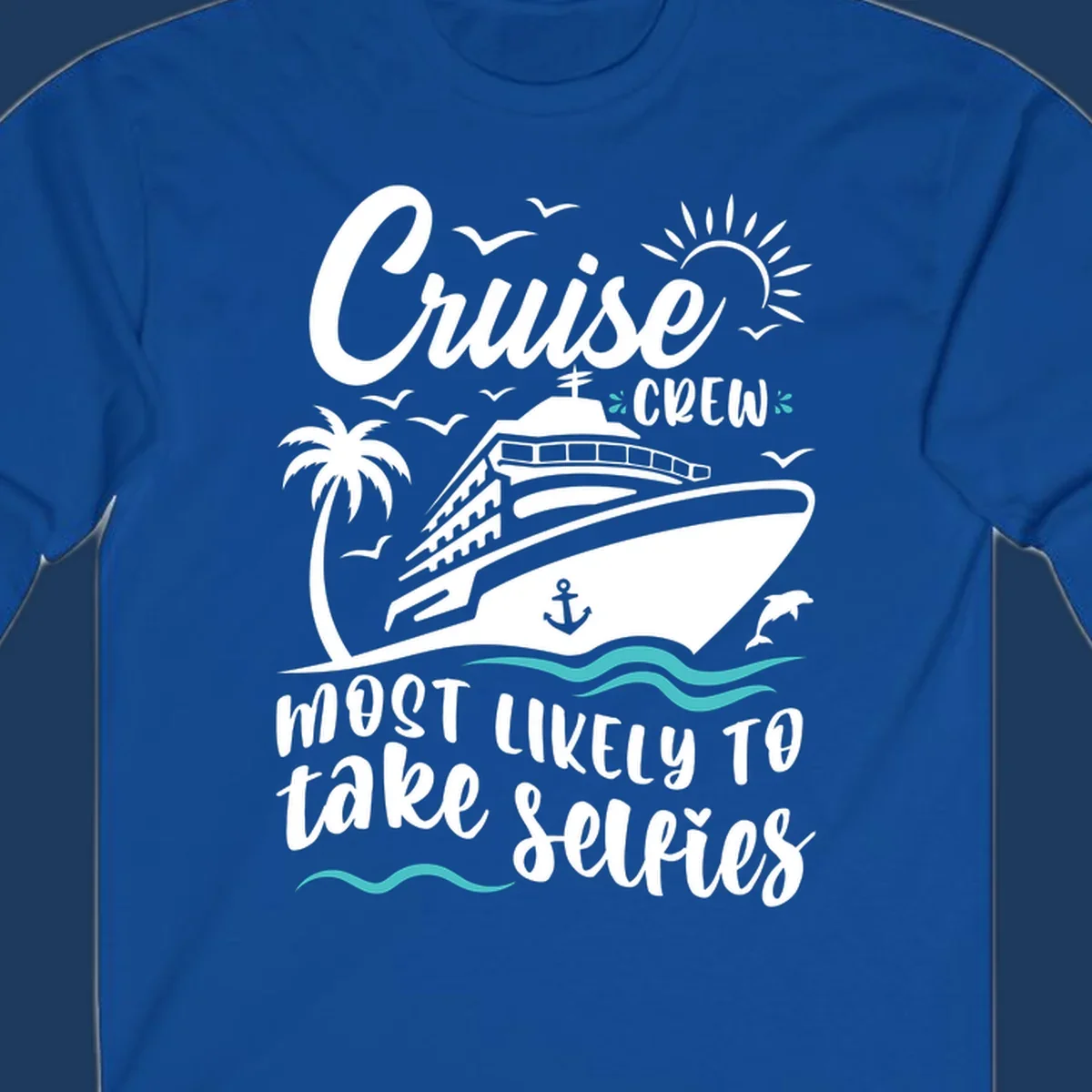 Cruise crew selfies design with illustrated ship, palm tree, sun, waves, and playful text on gray background