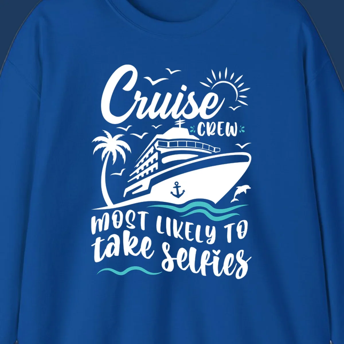 Cruise crew selfies design with illustrated ship, palm tree, sun, waves, and playful text on gray background