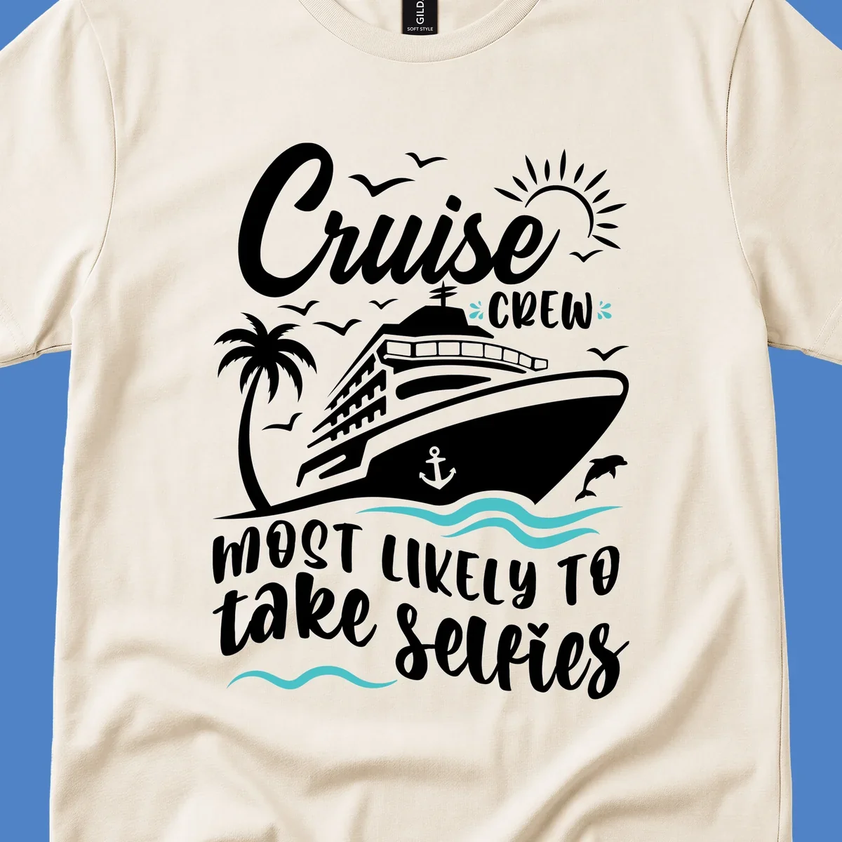 Cruise crew selfies design with illustrated ship, palm tree, sun, waves, and playful text on gray background