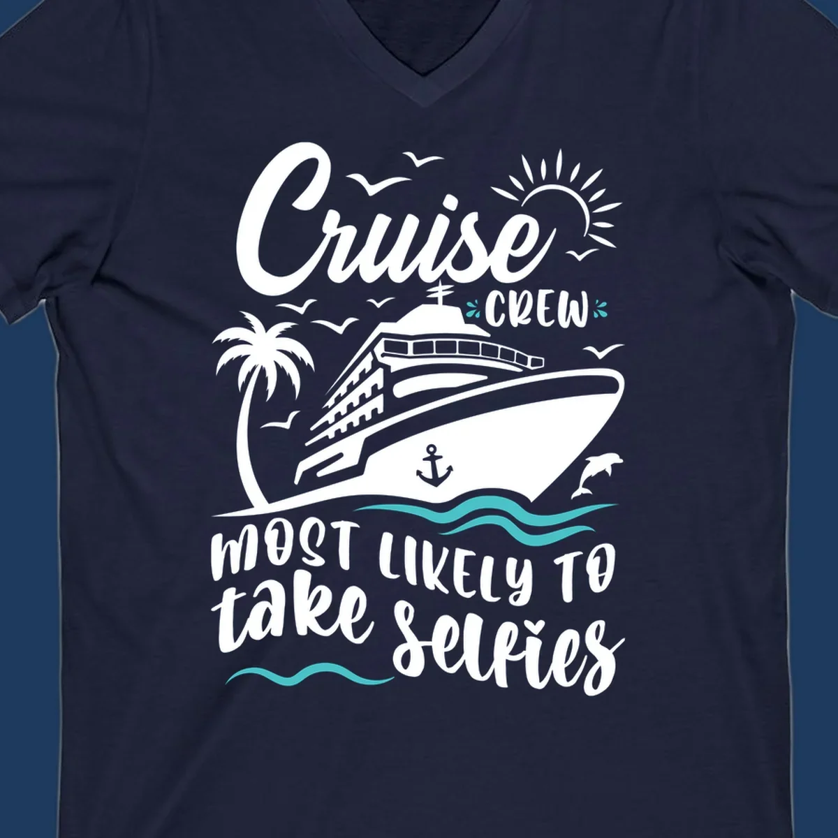 Cruise crew selfies design with illustrated ship, palm tree, sun, waves, and playful text on gray background