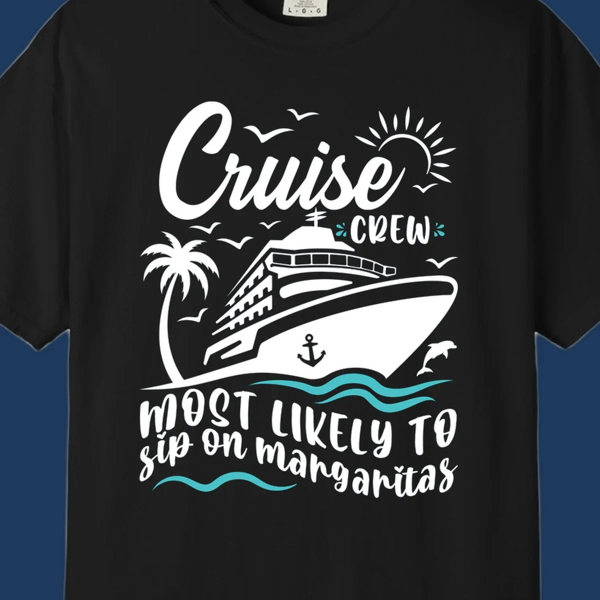 Cruise crew margarita design with ship, palm tree, sun, waves, seagulls and dolphin illustration