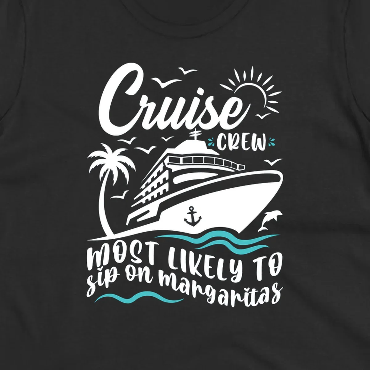 Cruise crew margarita design with ship, palm tree, sun, waves, seagulls and dolphin illustration