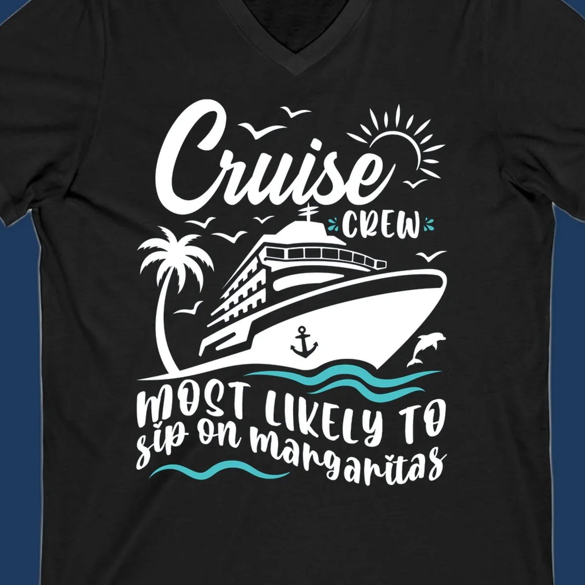 Cruise crew margarita design with ship, palm tree, sun, waves, seagulls and dolphin illustration