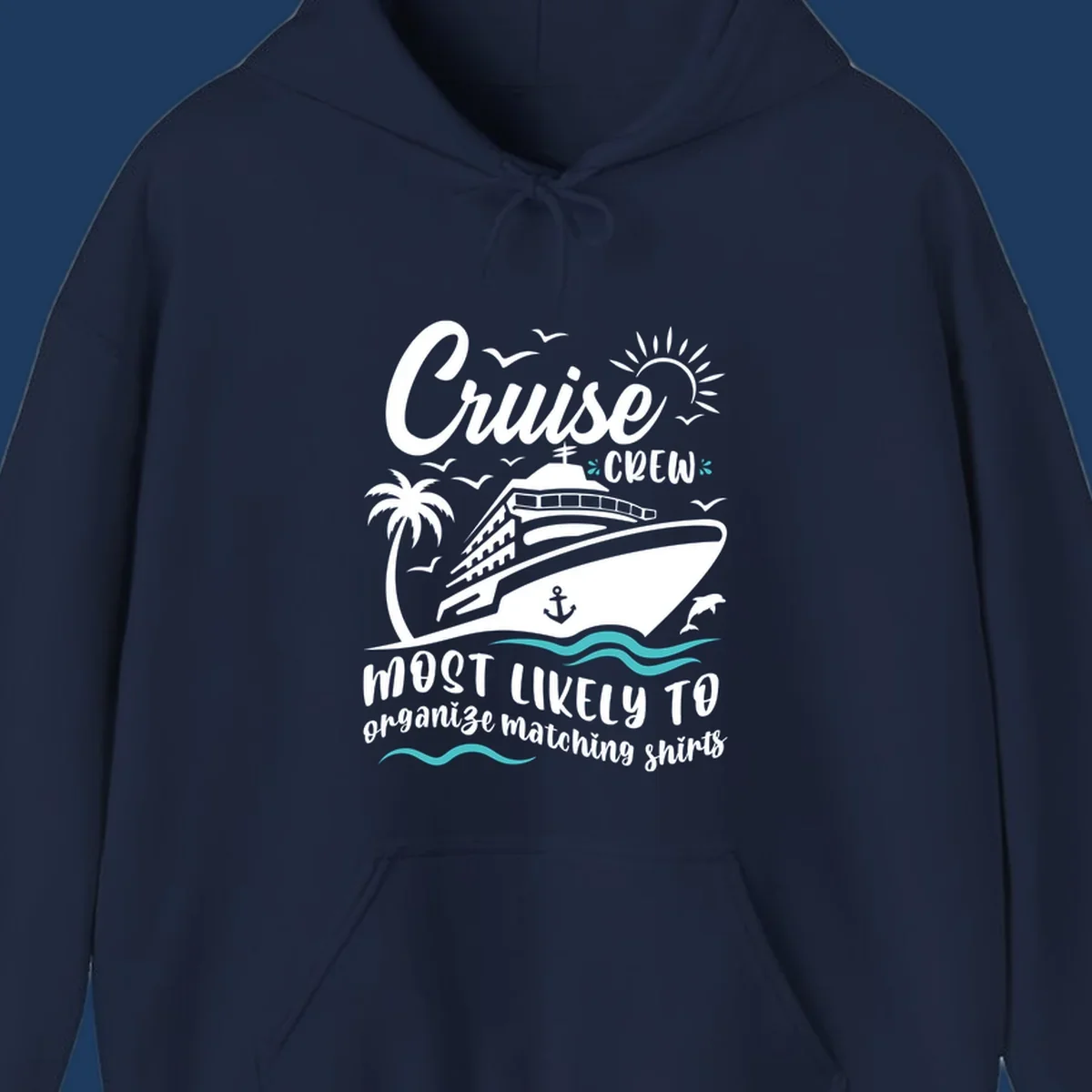 Cruise ship with palm tree and ocean waves illustration with text reading 'Cruise Crew most likely to organize matching shirts'