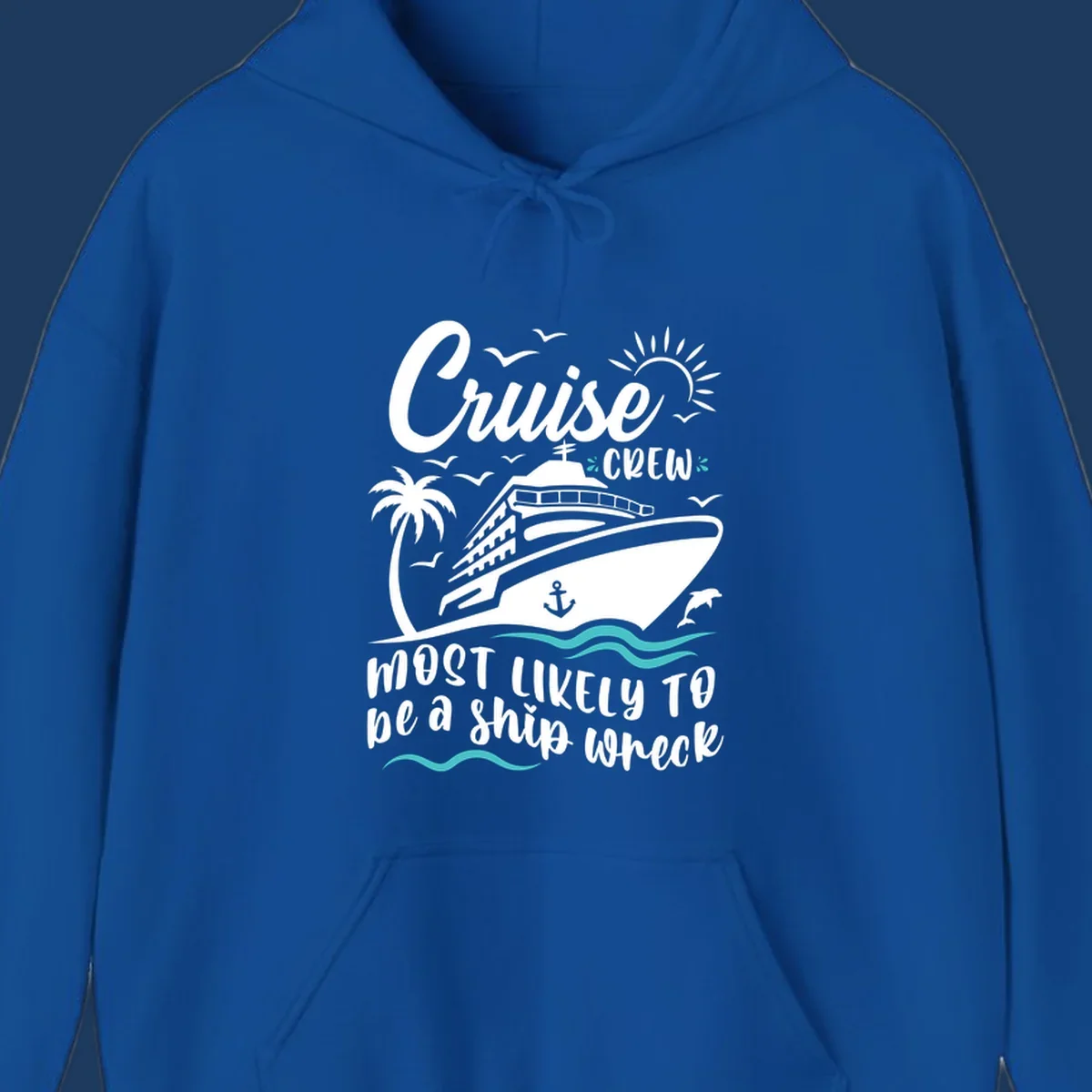Humorous cruise ship illustration with text reading 'Cruise Crew most likely to be a ship wreck' surrounded by palm trees, seagulls, sun, and ocean waves