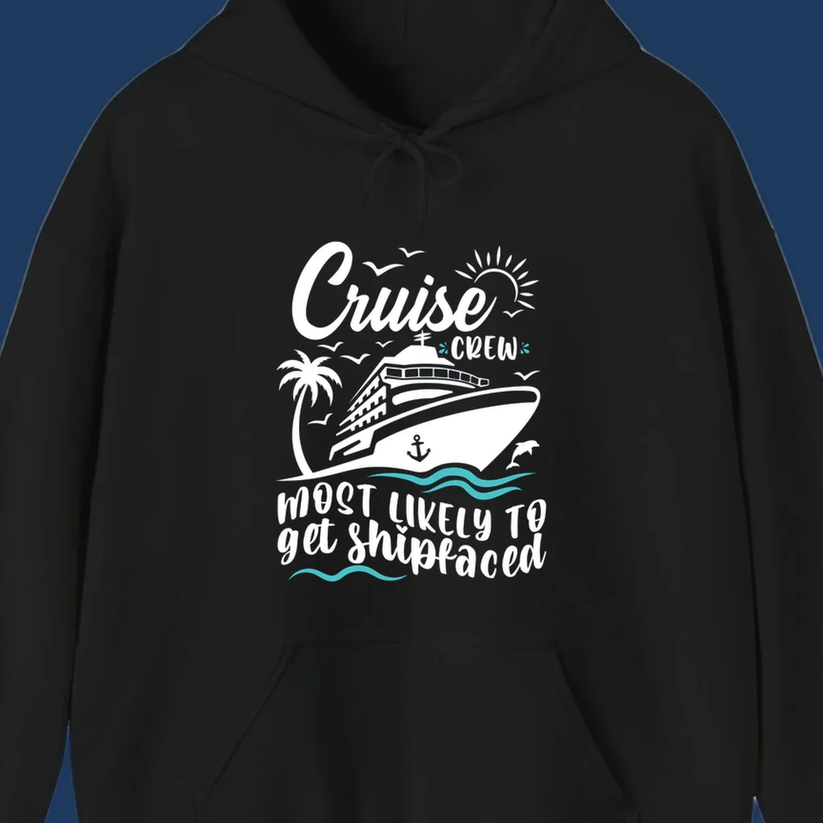 Cruise ship illustration with palm tree, ocean waves, seagulls and anchor. Text reads 'Cruise Crew most likely to get Shipfaced' in white lettering on gray background.