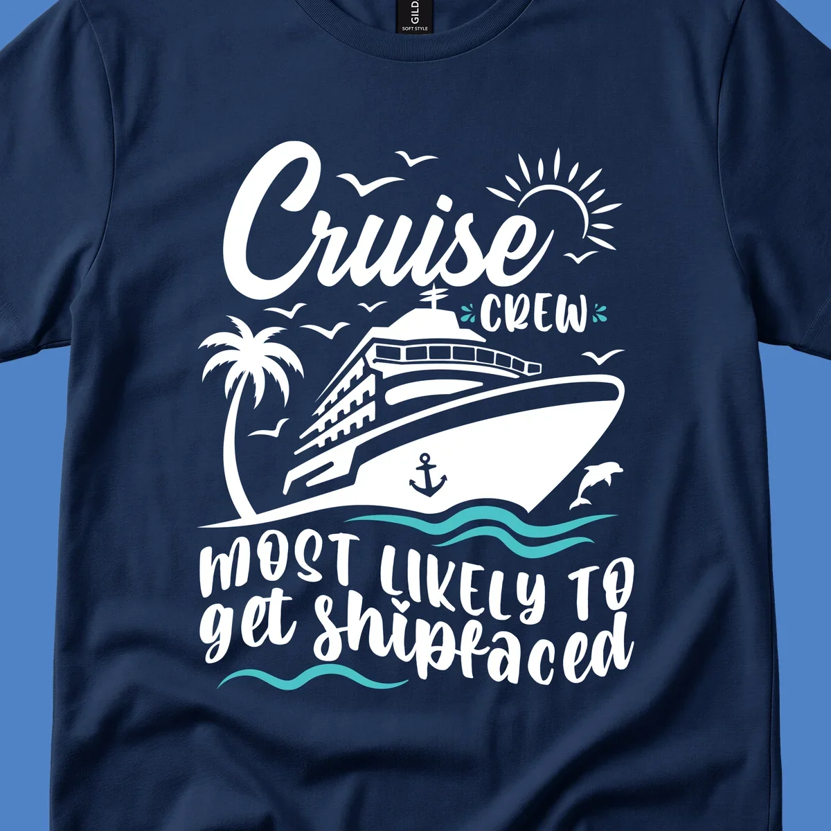 Cruise ship illustration with palm tree, ocean waves, seagulls and anchor. Text reads 'Cruise Crew most likely to get Shipfaced' in white lettering on gray background.