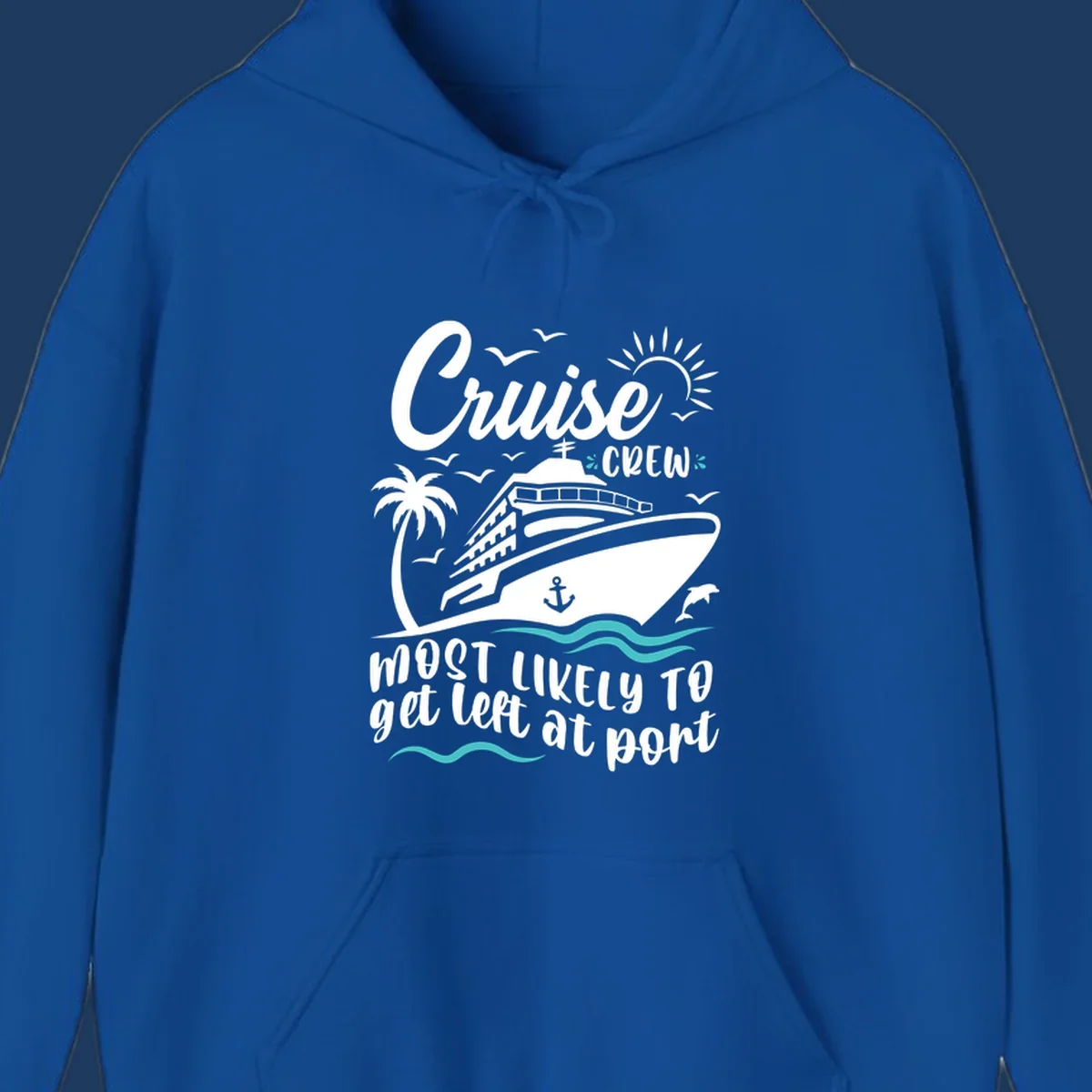 Cruise ship with palm tree, waves, seagulls, and sun illustration with text 'Cruise Crew most likely to get left at port'