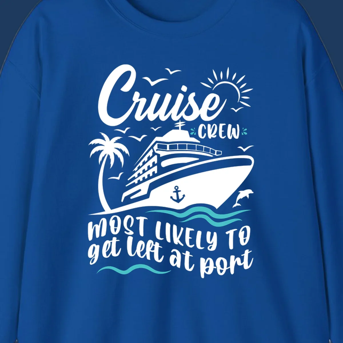 Cruise ship with palm tree, waves, seagulls, and sun illustration with text 'Cruise Crew most likely to get left at port'