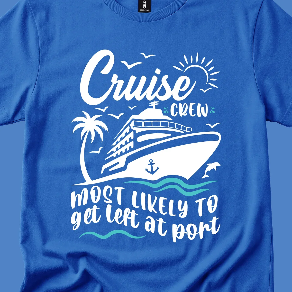 Cruise ship with palm tree, waves, seagulls, and sun illustration with text 'Cruise Crew most likely to get left at port'