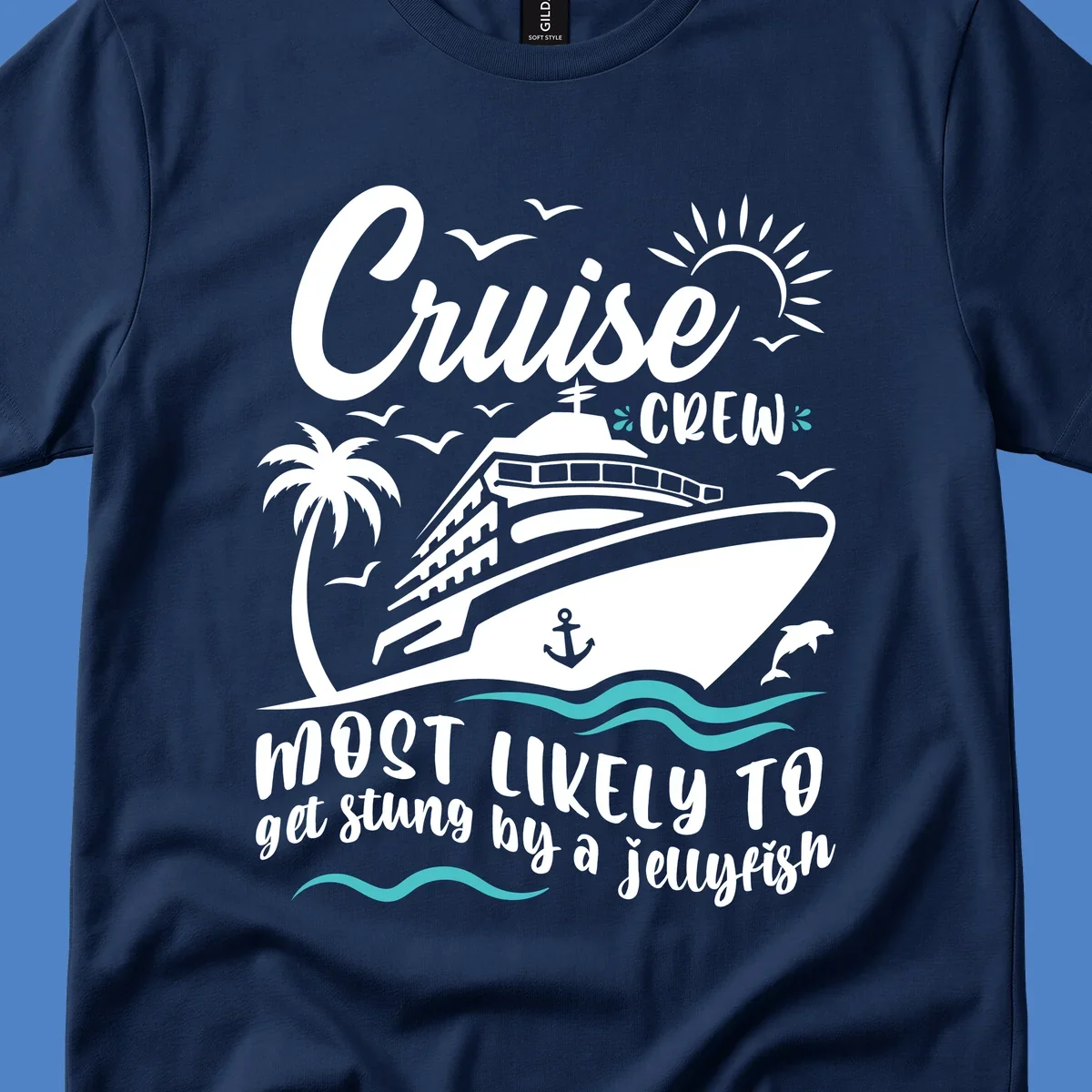 Cruise ship illustration with palm trees, sun, and waves, text reads 'Cruise Crew Most Likely To Get Stung By A Jellyfish'
