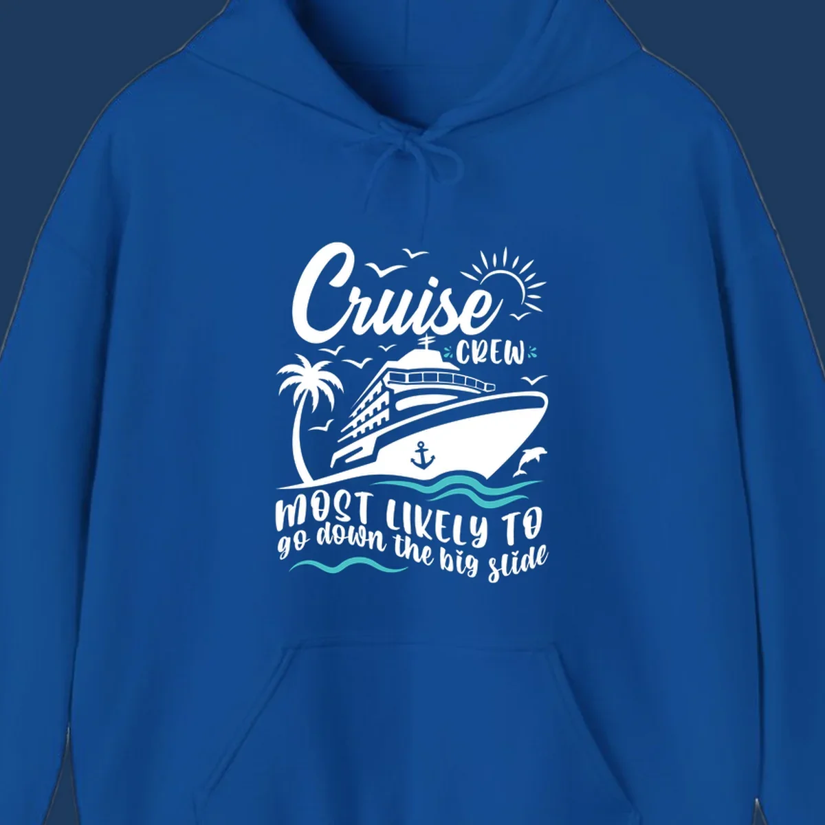 Cruise crew big slide design with ship, palm tree, dolphins, sun, and ocean waves on gray background