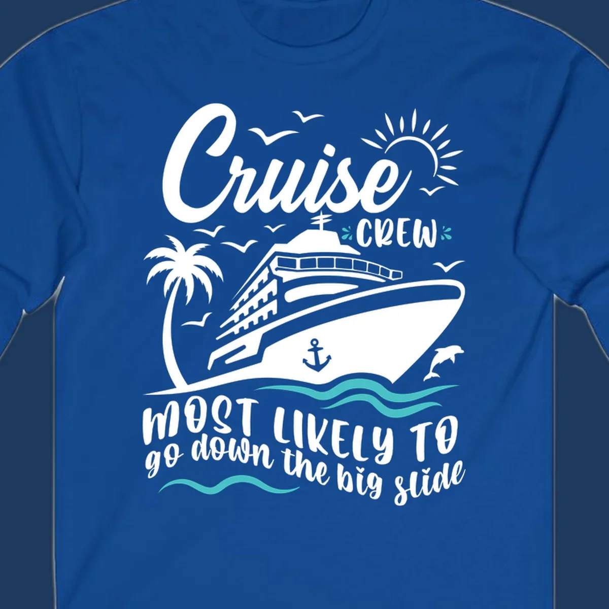 Cruise crew big slide design with ship, palm tree, dolphins, sun, and ocean waves on gray background