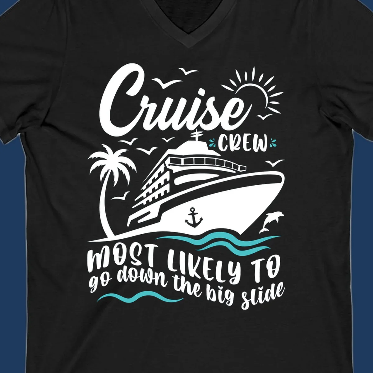 Cruise crew big slide design with ship, palm tree, dolphins, sun, and ocean waves on gray background