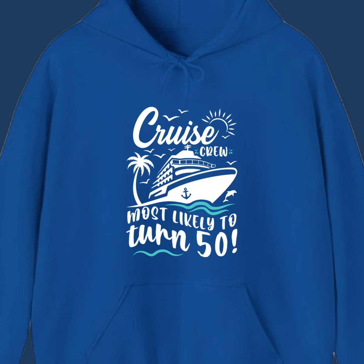 Cruise ship illustration with palm trees, seagulls, dolphins and waves. Text reads 'Cruise Crew Most Likely To turn 50' celebrating a 50th birthday cruise vacation.