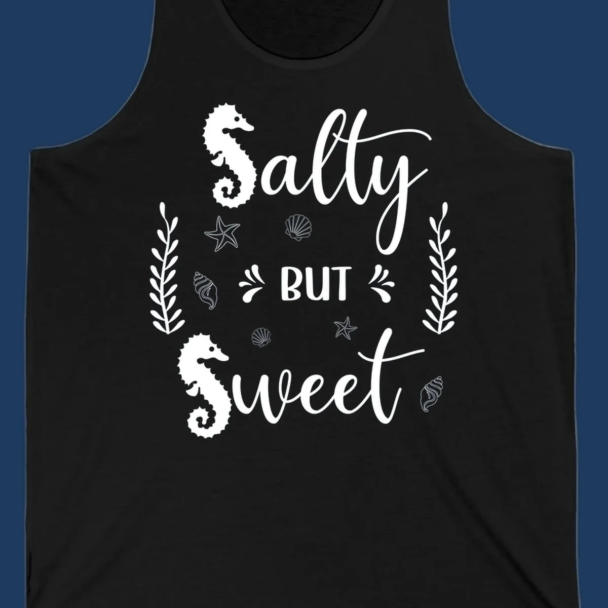 Salty but sweet nautical design with seahorses, starfish, and seashells in white on gray background