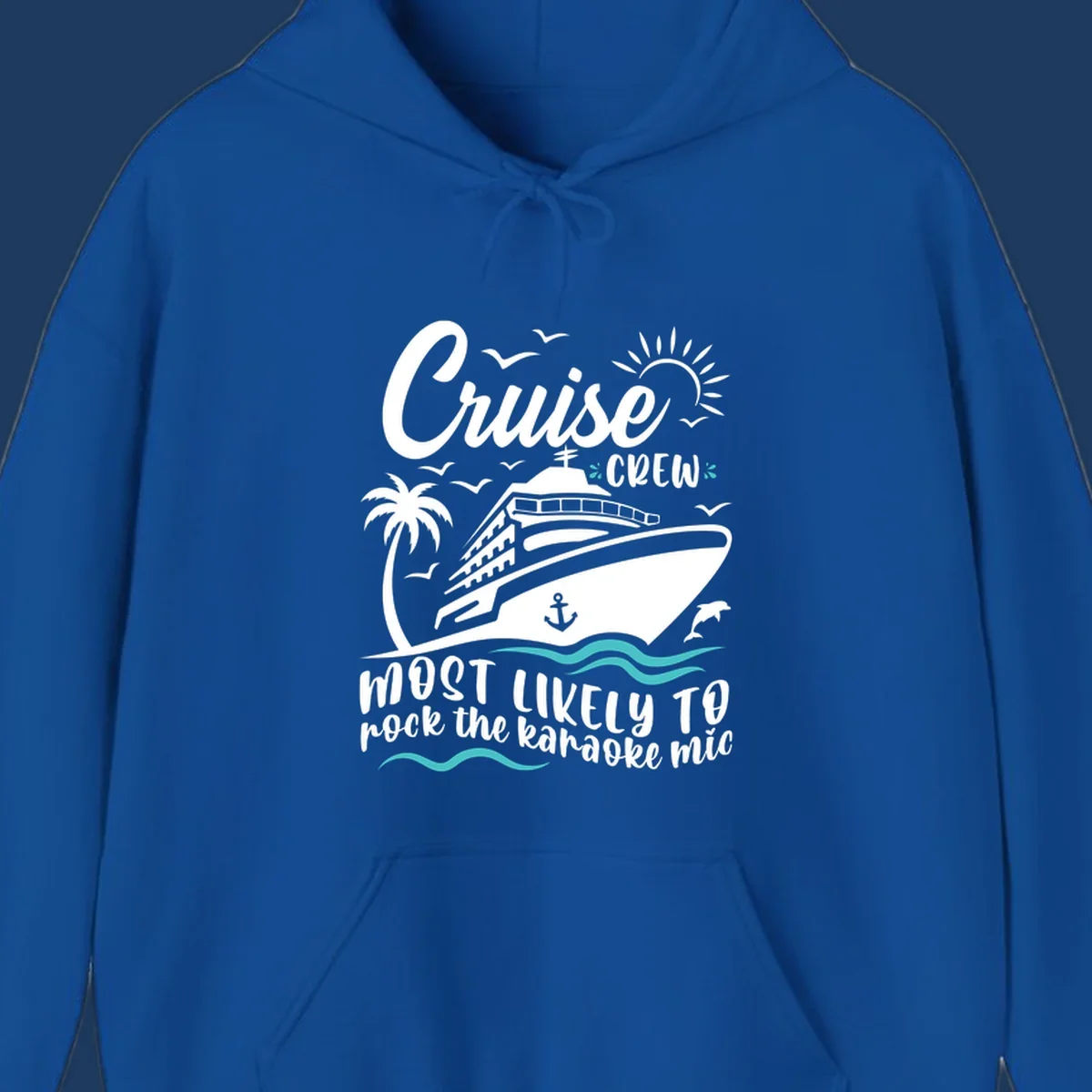 Cruise ship illustration with palm trees, sun, and ocean waves. Text reads 'Cruise CREW most likely to rock the karaoke mic' in white lettering on gray background.