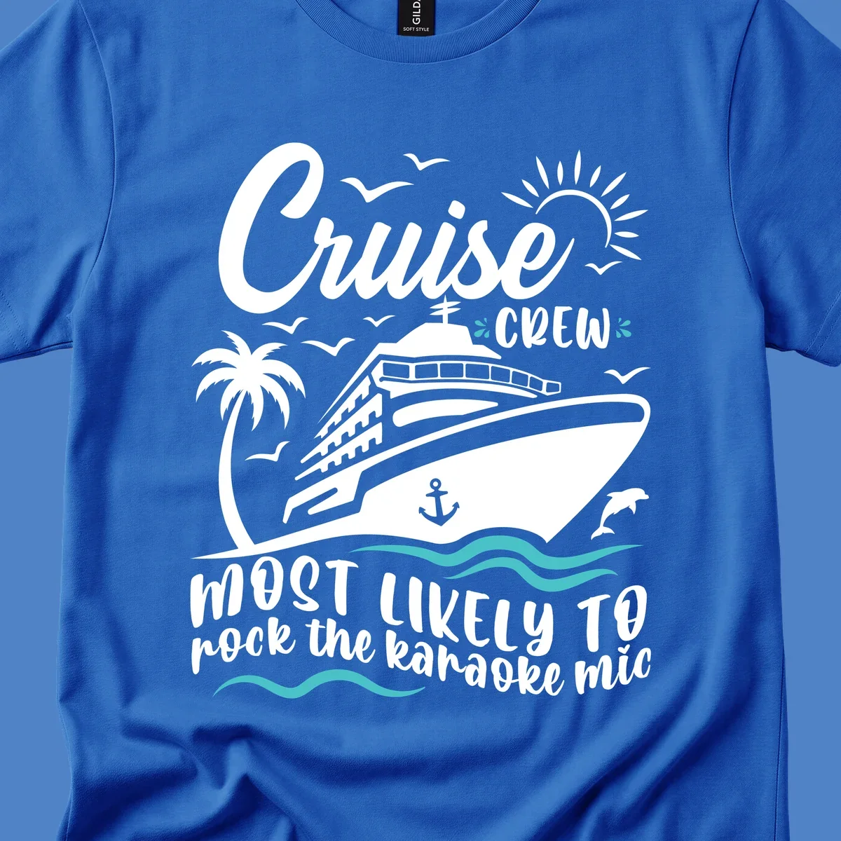Cruise ship illustration with palm trees, sun, and ocean waves. Text reads 'Cruise CREW most likely to rock the karaoke mic' in white lettering on gray background.