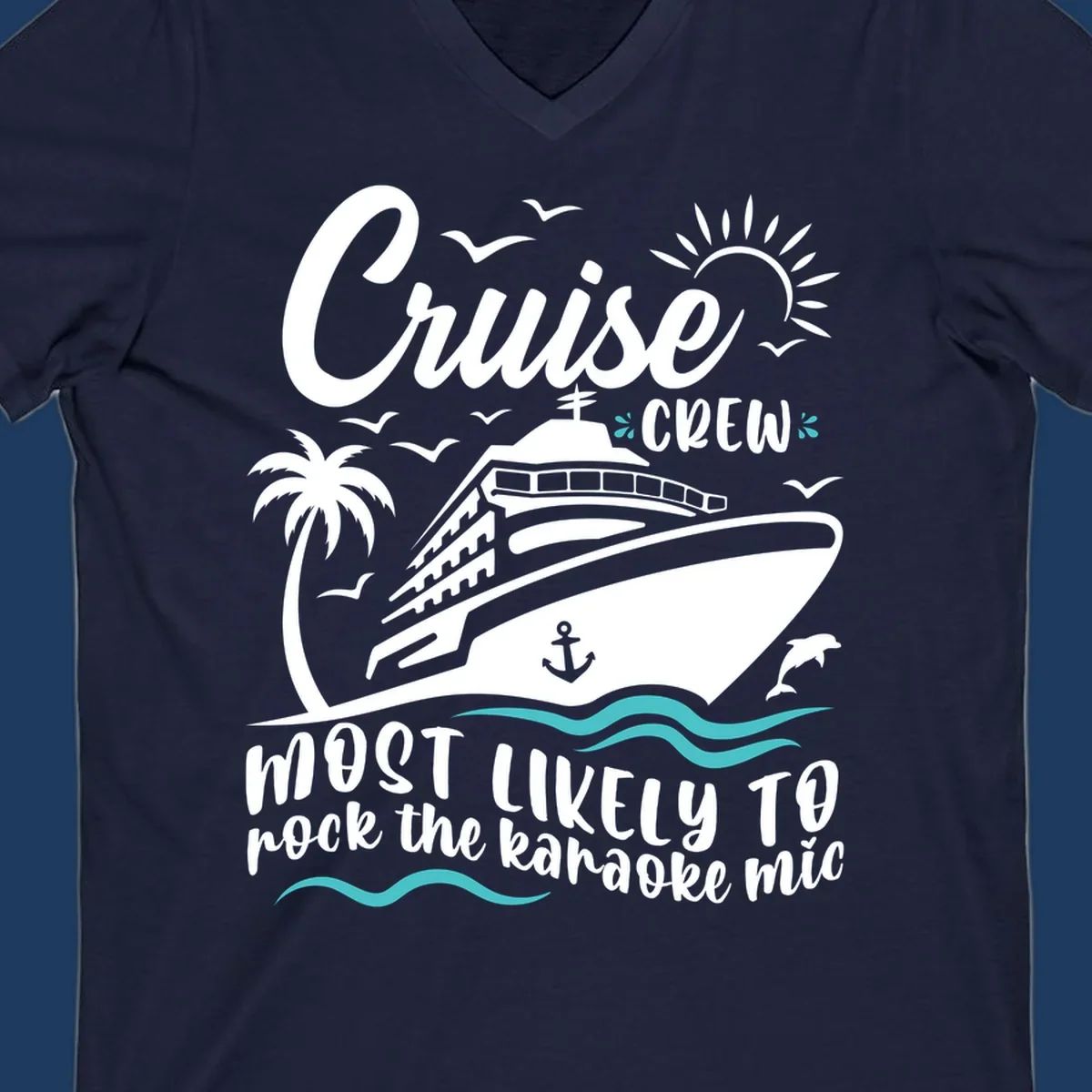 Cruise ship illustration with palm trees, sun, and ocean waves. Text reads 'Cruise CREW most likely to rock the karaoke mic' in white lettering on gray background.