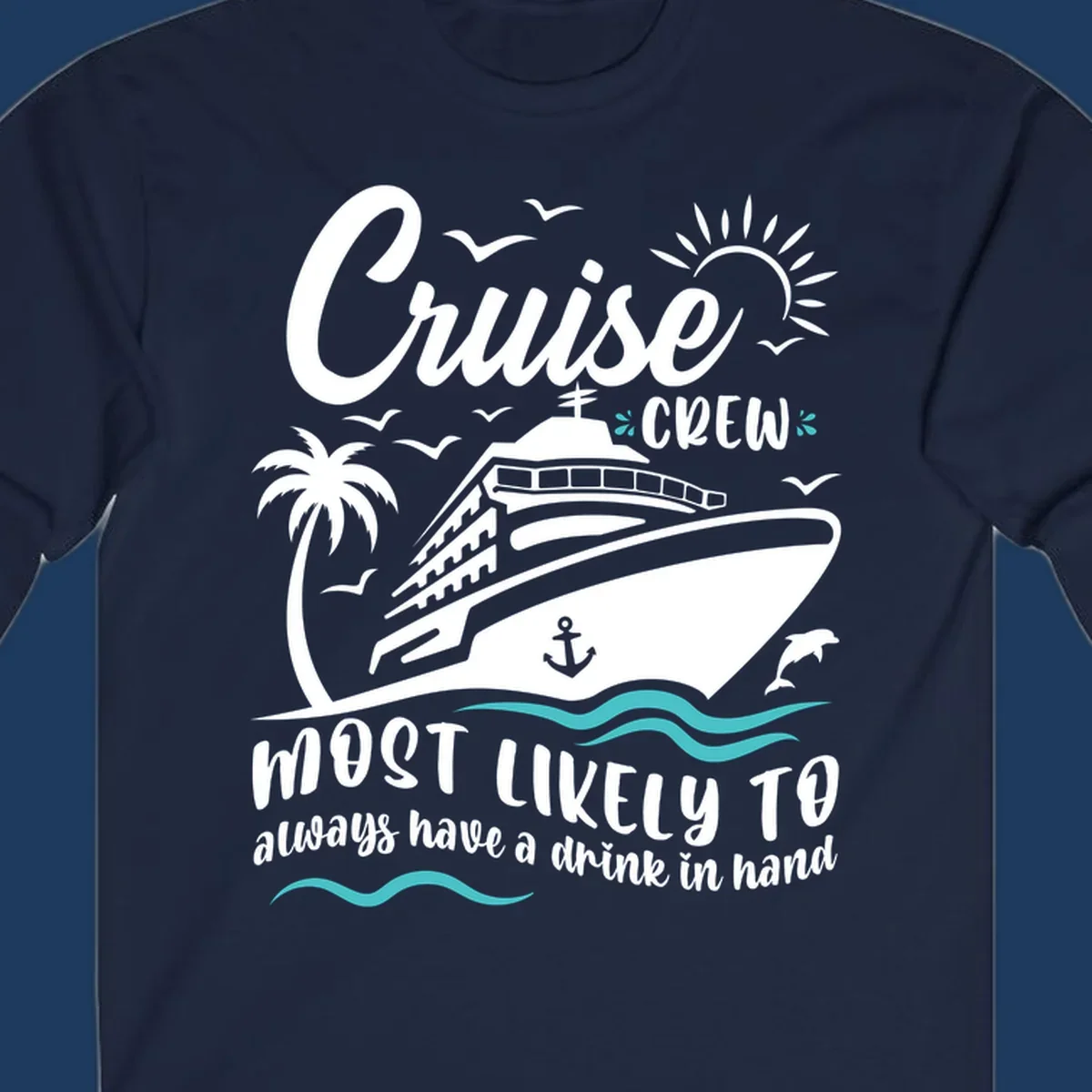 Cruise crew most likely to drink illustration with ship, palm tree, sun, waves, and seagulls on gray background