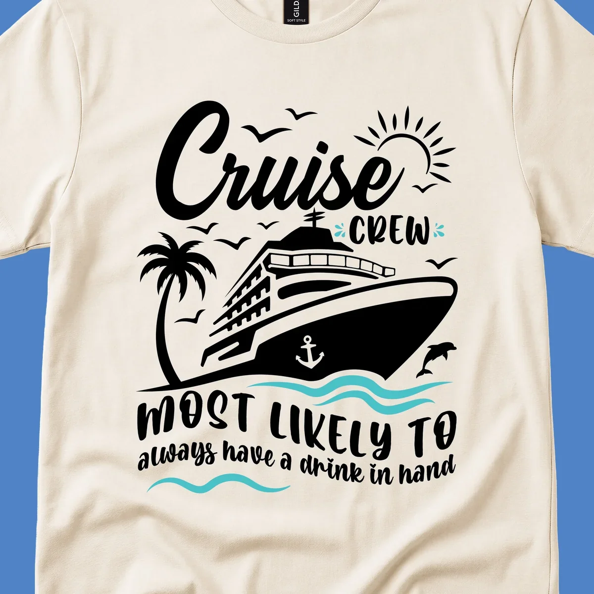 Cruise crew most likely to drink illustration with ship, palm tree, sun, waves, and seagulls on gray background