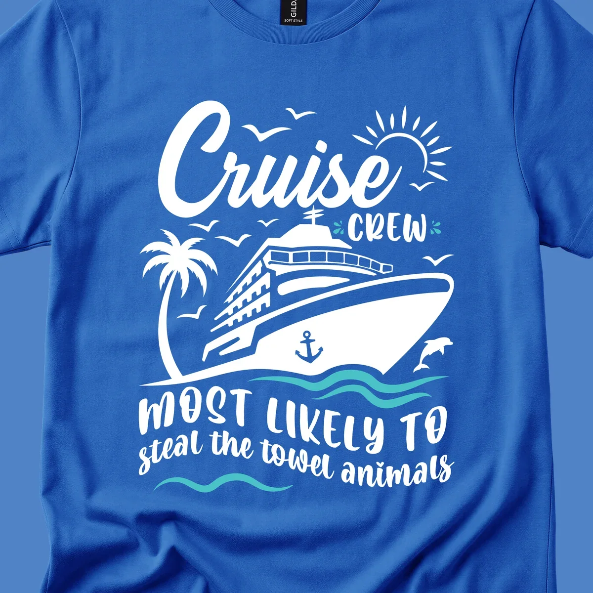 Illustrated cruise ship design with palm trees, sun, and seagulls with humorous text about cruise crew stealing towel animals
