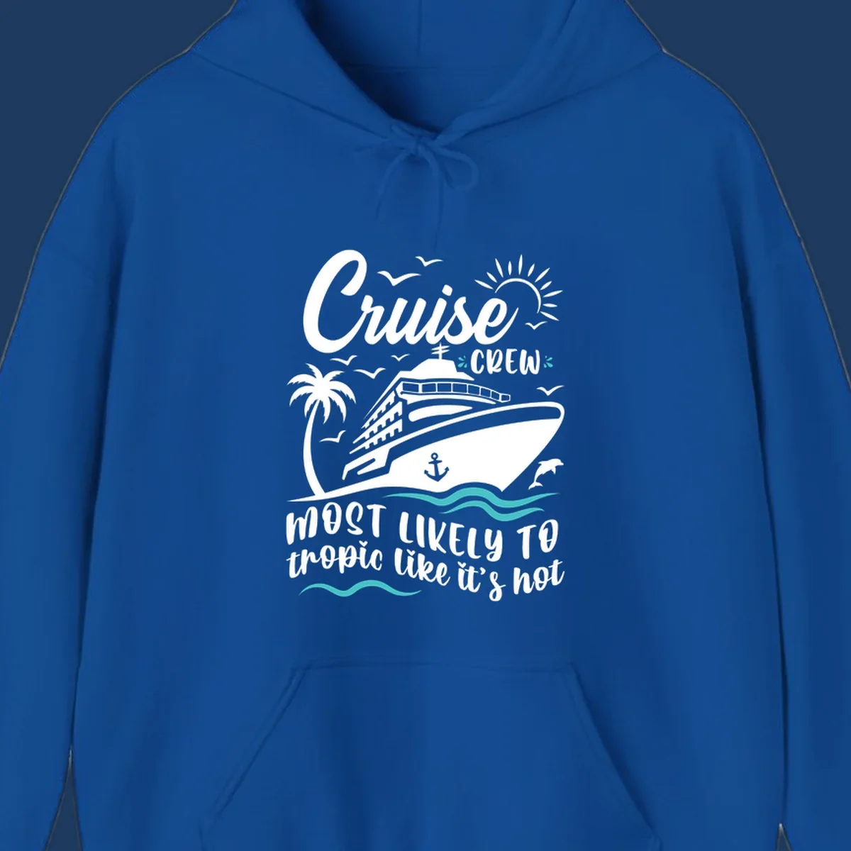 Cruise crew tropical design with ship, palm tree, sun, seagulls, dolphins, waves, and playful text on gray background