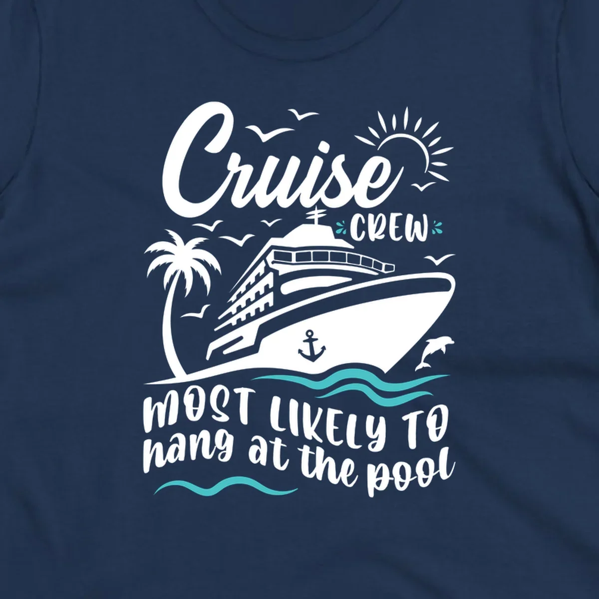 Cruise crew pool hang design with ship, palm tree, sun, seagulls, and ocean waves on gray background