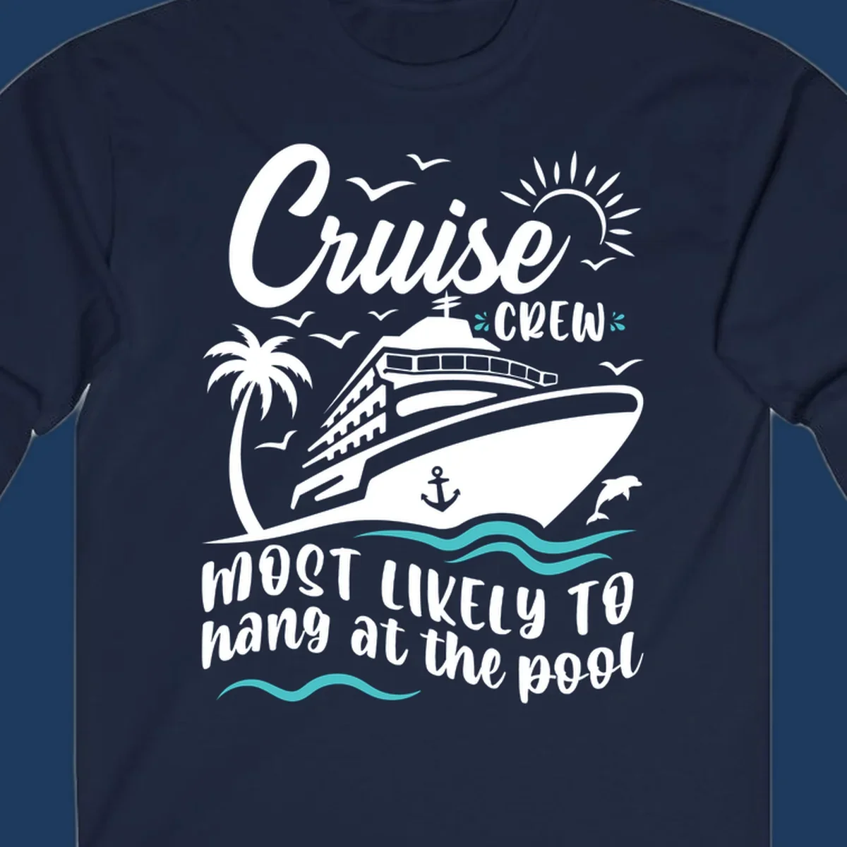 Cruise crew pool hang design with ship, palm tree, sun, seagulls, and ocean waves on gray background