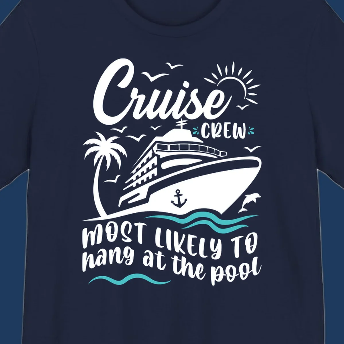 Cruise crew pool hang design with ship, palm tree, sun, seagulls, and ocean waves on gray background