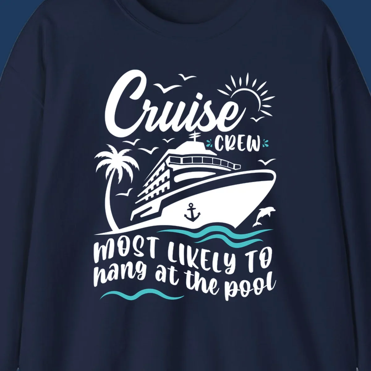 Cruise crew pool hang design with ship, palm tree, sun, seagulls, and ocean waves on gray background