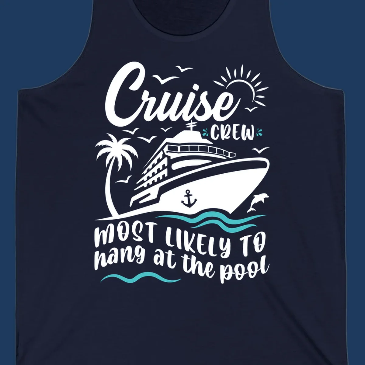 Cruise crew pool hang design with ship, palm tree, sun, seagulls, and ocean waves on gray background