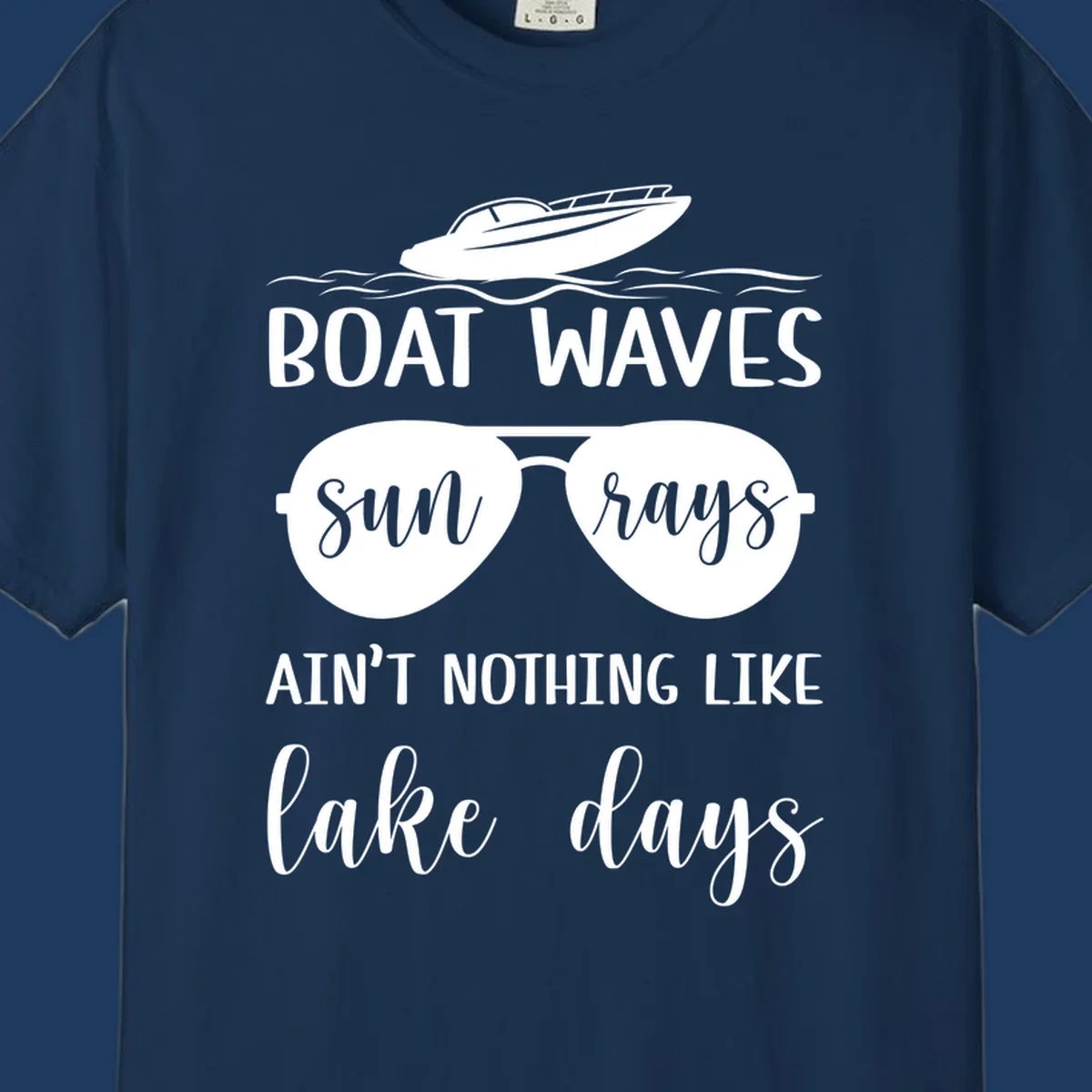 White boat waves lake days design with speedboat, sunglasses, and nautical wave graphics on gray background