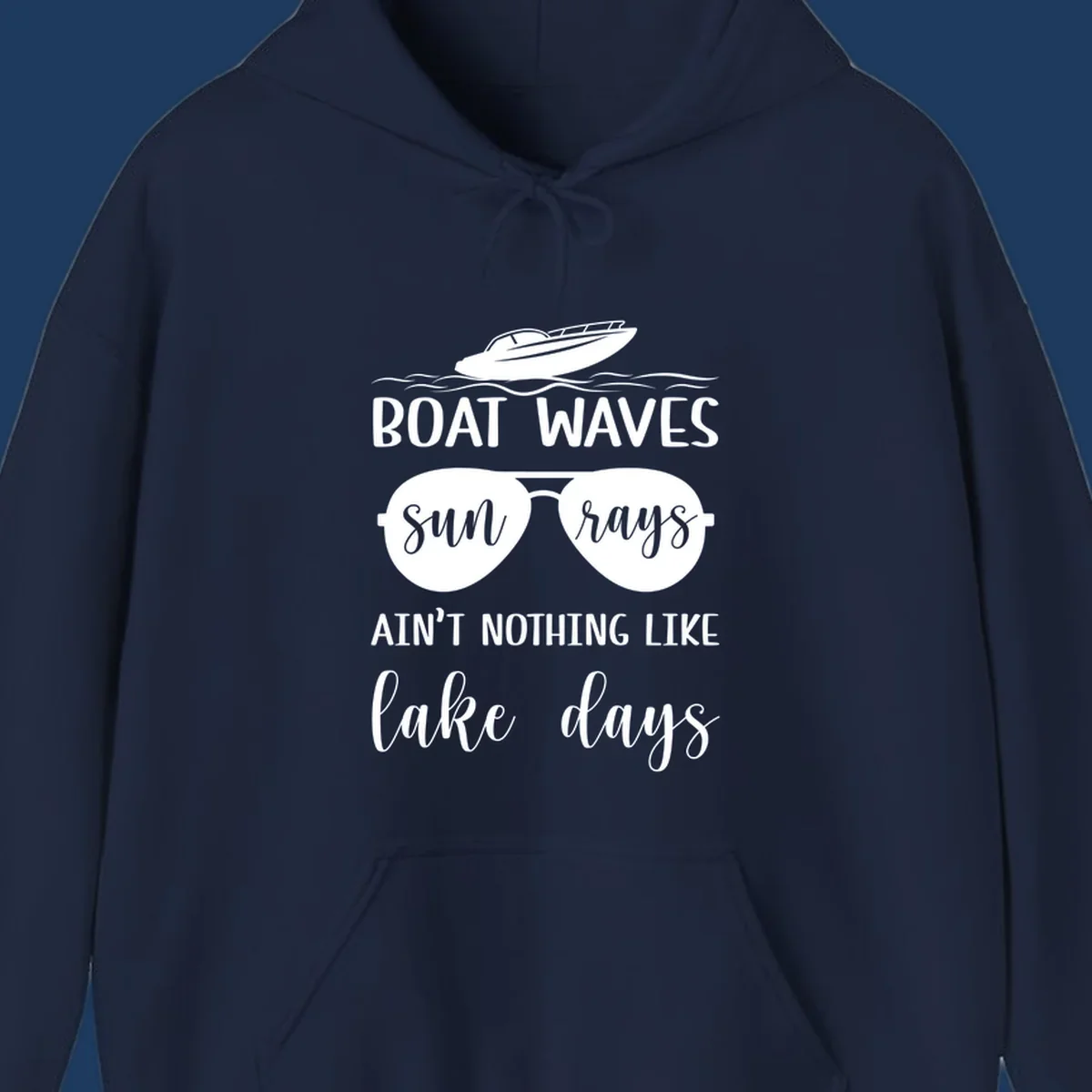 White boat waves lake days design with speedboat, sunglasses, and nautical wave graphics on gray background