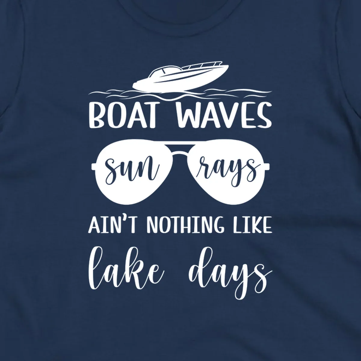 White boat waves lake days design with speedboat, sunglasses, and nautical wave graphics on gray background