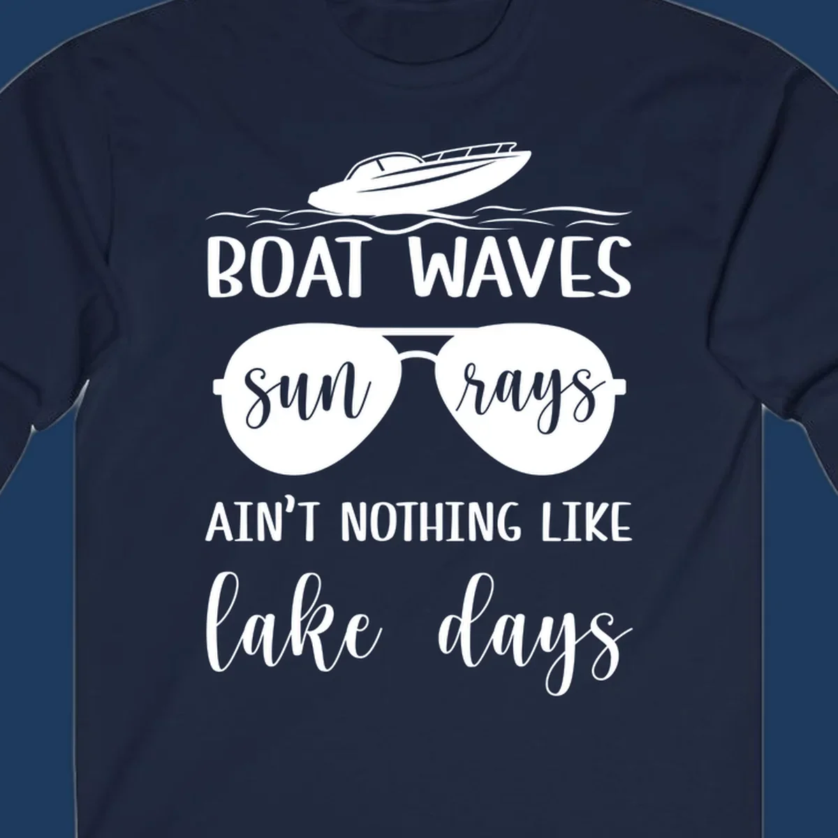 White boat waves lake days design with speedboat, sunglasses, and nautical wave graphics on gray background