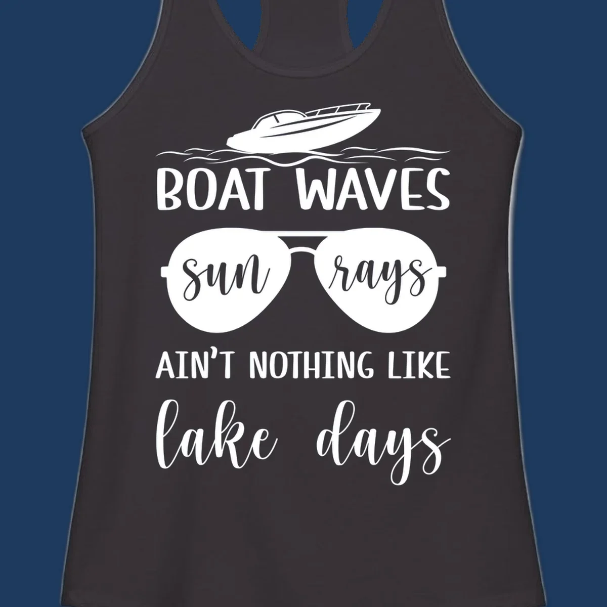 White boat waves lake days design with speedboat, sunglasses, and nautical wave graphics on gray background
