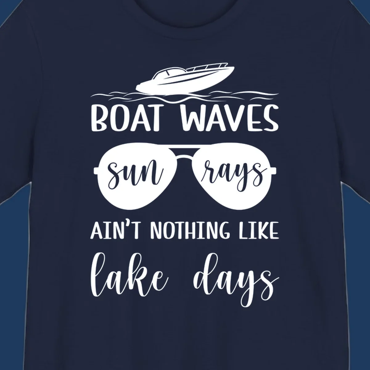 White boat waves lake days design with speedboat, sunglasses, and nautical wave graphics on gray background